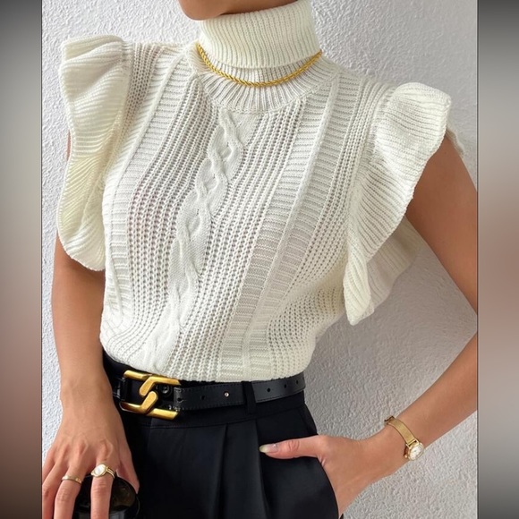 ✨Turtle Neck Ruffle Trim Cable Knit Sweater Vest - Picture 7 of 8